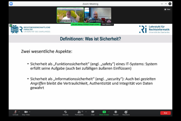 Screenshot des Vortrags zur IT-Sicherheit von Prof. Sorge. Die Folie trägt den Titel "Definitionen: Was ist Sicherheit?"