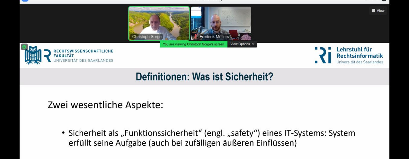 Screenshot des Vortrags zur IT-Sicherheit von Prof. Sorge. Die Folie trägt den Titel "Definitionen: Was ist Sicherheit?"