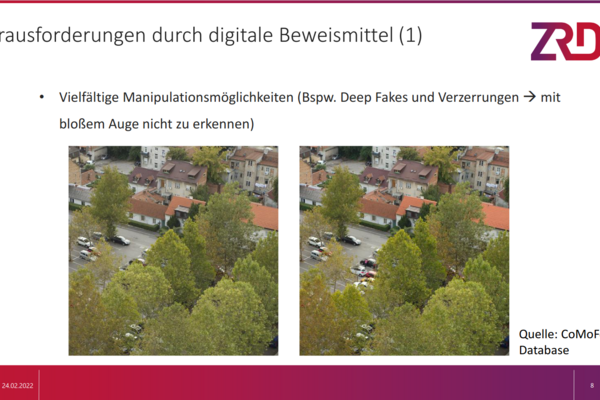 Screenshot Powerpointfolie: Vielfältige Manipulationsmöglichkeiten (Bspw. Deep Fakes und Verzerrungen -> mit bloßem Auge nicht zu erkennen). Gegenüberstellung von zwei Bildern, eins davon grafisch verändert