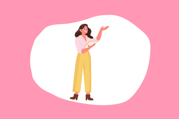 Man sieht einen weißen ungleichmäßigen Kreis vor einem Hintergrund in kräftigem Rosa. Inmitten des Kreises sieht man die graphische Darstellung einer Frau in rosa Bluse und gelber Hose, die einen Block in der Hand hält und etwas erzählt.