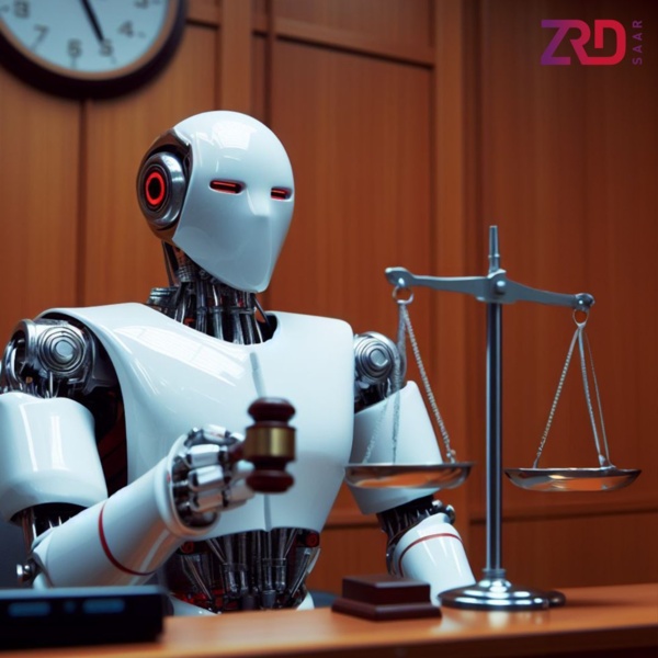 Ein Roboter sitzt wie ein Richter vor Gericht. Vor ihm eine Waage, in der Hand hält er einen Holzhammer.