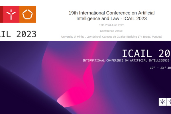 Banner der ICAIL2023-Webseite. Links oben das Logo der ICAIL Konferenz. Daneben und darunter der Text "19th International Conference on Artificial Intelligence and Law - ICAIL 2023  19th-23rd June 2023  Conference Venue:  University of Minho"