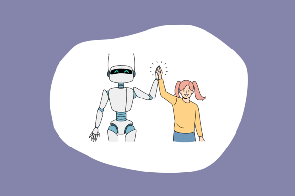 In dem lilafarbenen Hintergrund befindet sich ein weißer Kreis. Darin abgebildet ist links ein Roboter und rechts ein Mädchen. Sie halten jeweils eine Hand gemeinsam in die Höhe.