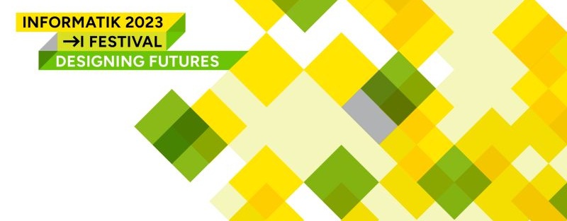 Gelbe, weiße und grüne Kacheln bilden ein unregelmäßiges Kachelmuster. Oben Links steht "INFORMATIK 2023 -> Festival, Designing Futures", unten rechts Datum und Ort des Festivals: 27.-29. Sept. -> Berlin